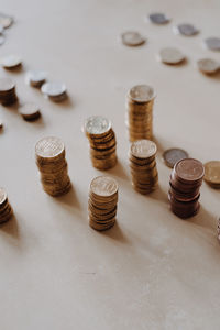 High angle view of coins on table