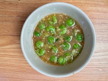 High angle view of soup in bowl on table