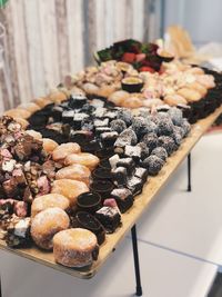 High angle view of various dessert on table