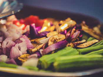 Close-up of chopped vegetables in plate