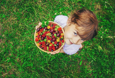 High angle view of cute girl picking apple