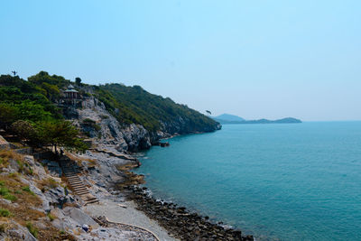 Scenic view of sea against clear blue sky