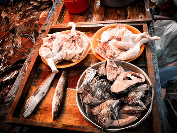 High angle view of fish for sale in market