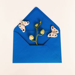 Close-up of blue face over white background