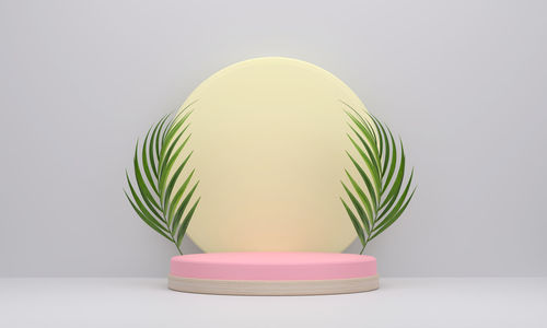 3d. podium for placing products in circles with a moon background in summer there are palm leaves 