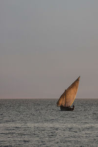 Sailboat on sea against clear sky during sunset