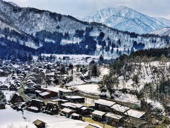 Close-up of mountain village in winter