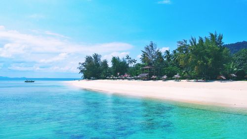 Scenic view of beach against blue sky