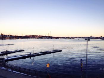 View of harbor against clear sky