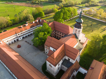 High angle view of buildings in city