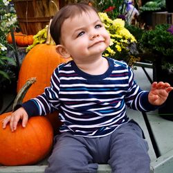 Baby boy looking up while sitting by pumpkins on table during halloween