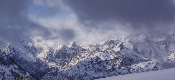 Scenic view of snowcapped mountains against sky