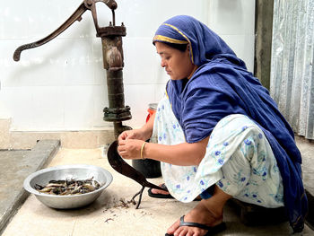 High angle view of woman working at home