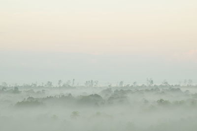 Aerial view of landscape against sky during foggy weather
