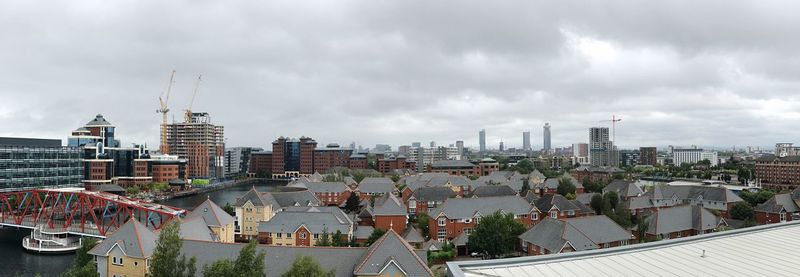 High angle view of buildings against sky in city