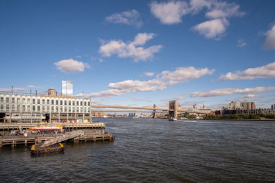 View of bridge over river against cloudy sky