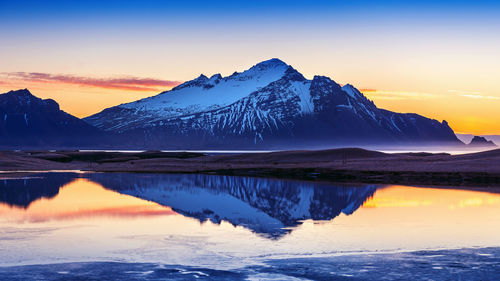 Scenic view of snowcapped mountains against sky during sunset