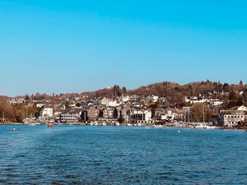 Scenic view of lake against clear blue sky