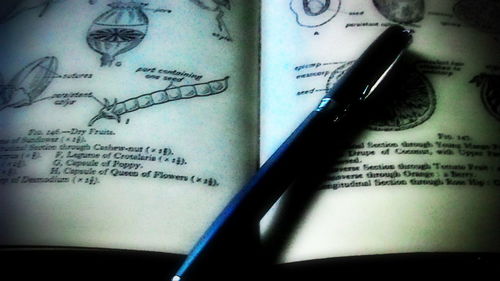 High angle view of text on book