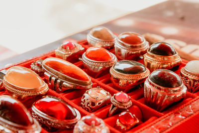 High angle view of luxury rings in box