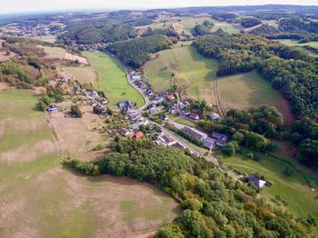 Aerial view of buildings and landscape