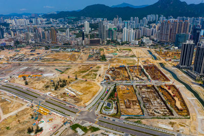 High angle view of city buildings