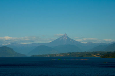 Scenic view of snowcapped mountain against blue sky