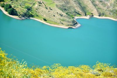 High angle view of dam on lake