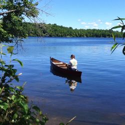 People sitting on boat in lake