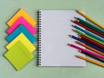 High angle view of multi colored pencils on table