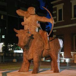 View of horse statue against building