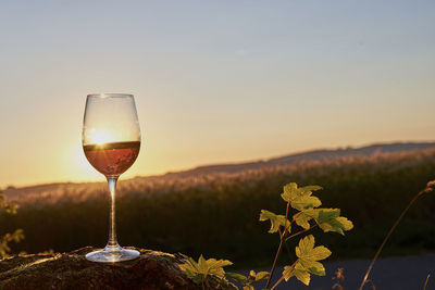 Close-up of wineglass on field against sky during sunset