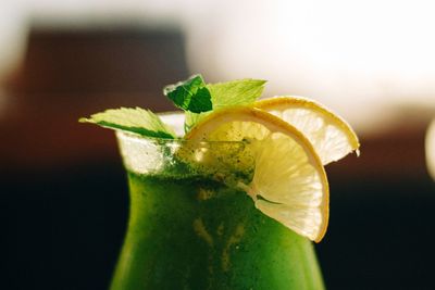 Close-up of lemon slice on leaves