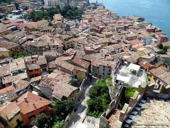 High angle view of houses in town