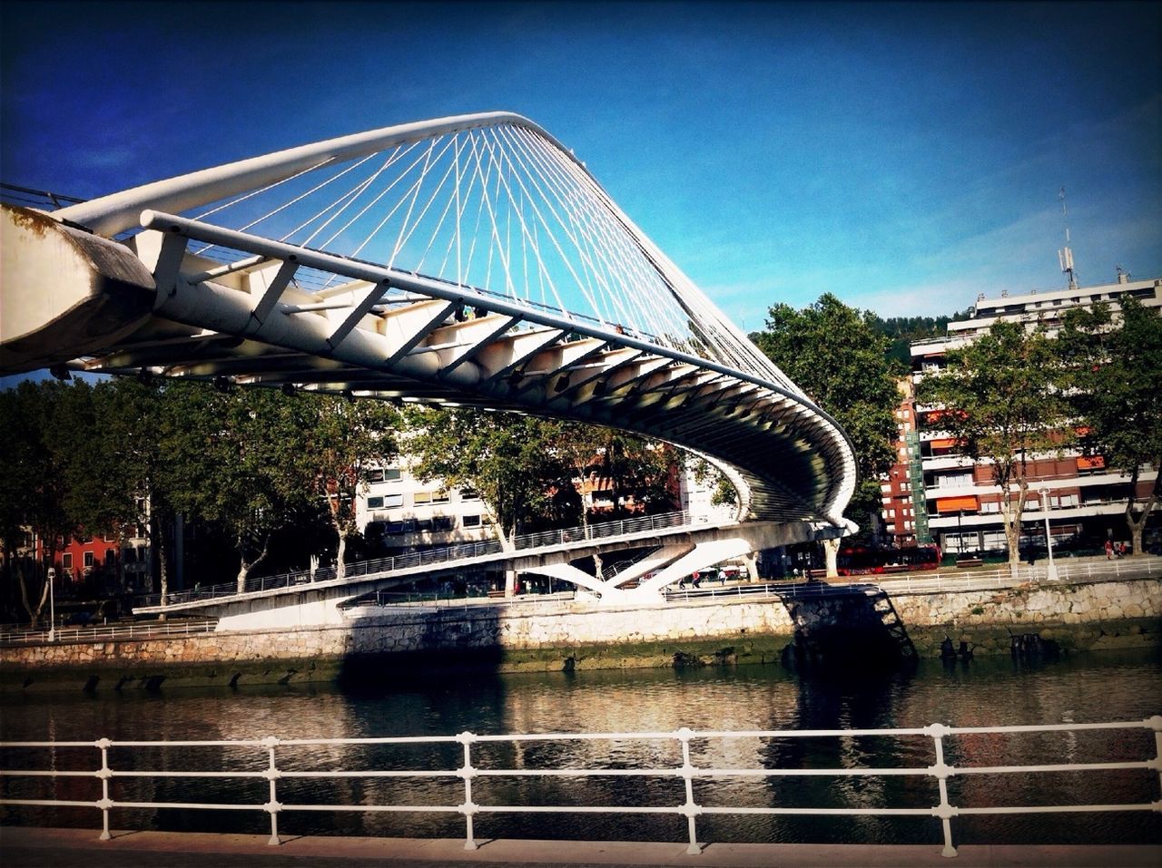 architecture, built structure, bridge - man made structure, connection, engineering, bridge, river, building exterior, tree, city, railing, transportation, clear sky, sky, water, arch bridge, travel destinations, suspension bridge, blue, capital cities