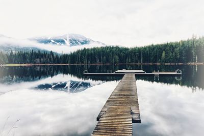 Scenic view of lake by trees against sky