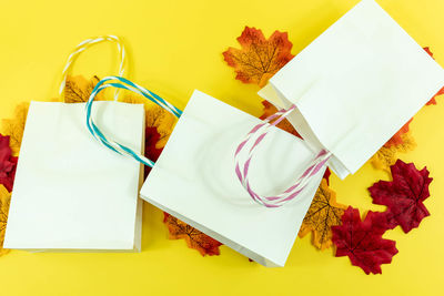 High angle view of various paper on table