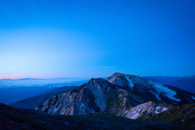 Scenic view of snowcapped mountain against blue sky