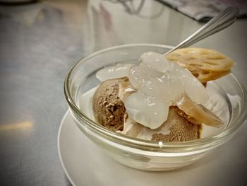 High angle view of ice cream in bowl on table