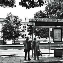 Rear view of people walking on sidewalk