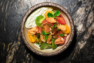 High angle view of soup in bowl