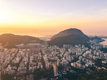 High angle view of townscape against sky during sunset