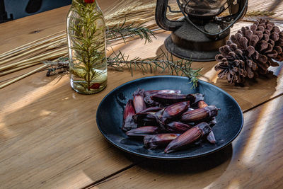 High angle view of araucaria seeds on table