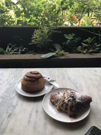 Close-up of breakfast served on table