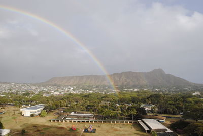 Scenic view of rainbow over mountain against sky