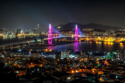 High angle view of illuminated bridge over river at night