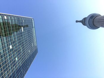 Low angle view of skyscrapers against blue sky