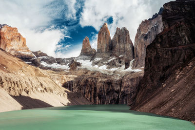 Panoramic view of mountain range against cloudy sky