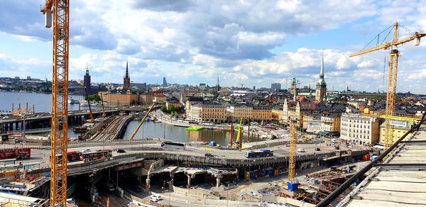 High angle view of bridge in city against sky