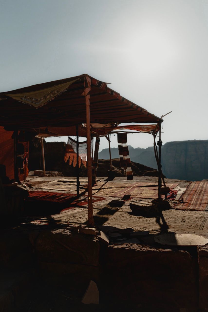 GAZEBO ON BEACH AGAINST CLEAR SKY